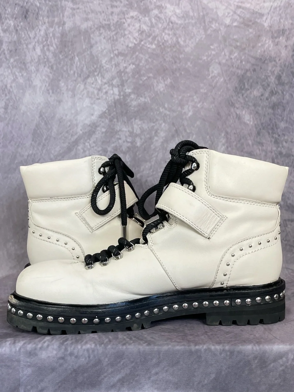 Lola Cruz Patent Leather Off White/ Ivory  Moto Ankle Boots Size 38 US 7.5-8